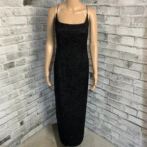Carmen Marc Valvo Black Beaded Long Evening Formal Maxi Slip Dress Gown